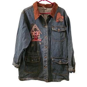 Vtg 90s Corduroy Denim Bird House Heart Embroidered Shacket Chore Coat L